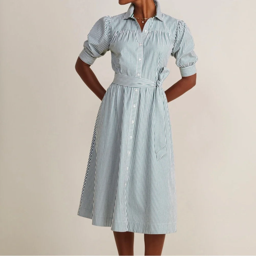 NWT👗 Puff Sleeve Midi Shirtdress👗Green & White Vertical Stripes - Picture 2 of 7